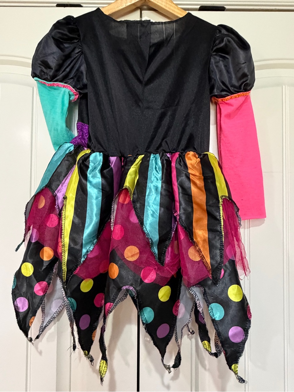 Kids Rainbow Polka Dot Witch Costume Dress - Black with Pink & Teal S(6-6X) - Picture 2 of 9